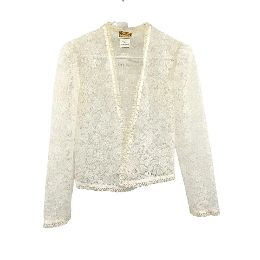 Vintage Gunne Sax Jessica's Gunnies Lace Open Front Cardigan size Small Ivory